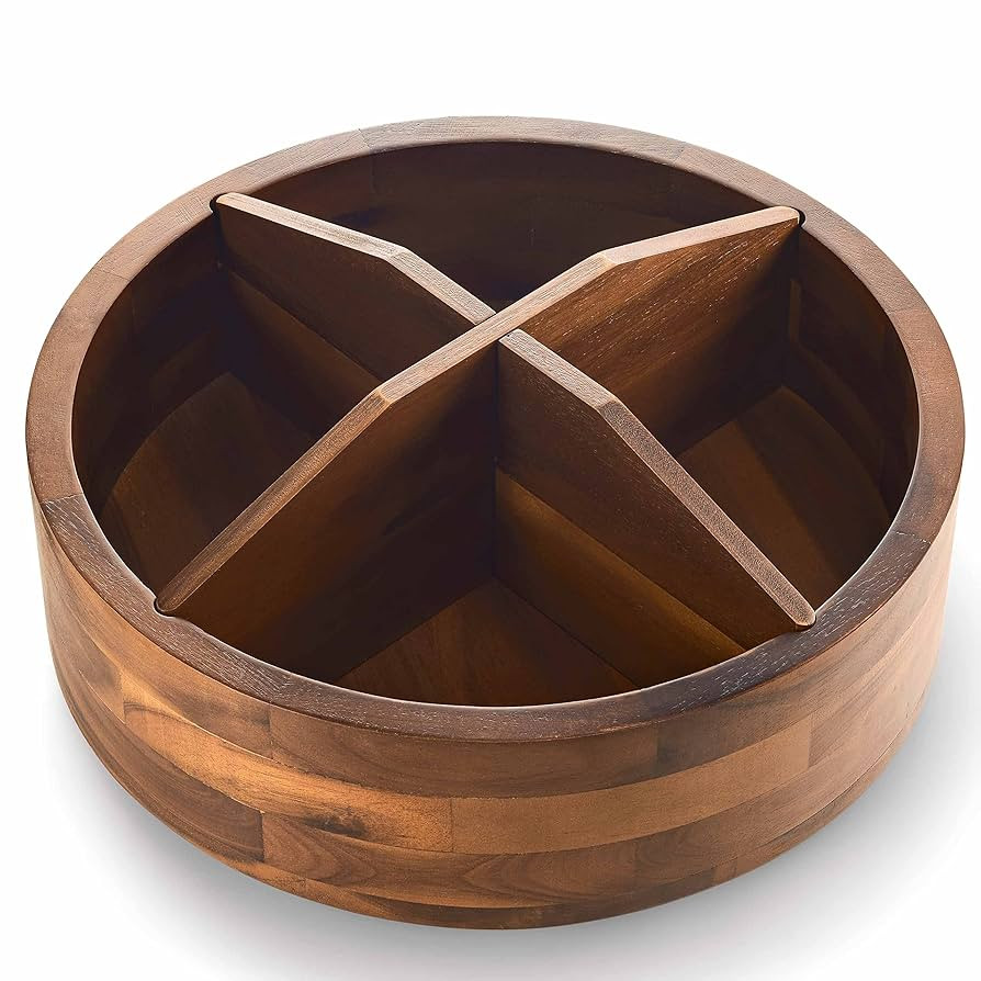 12" Acacia Wood Lazy Susan Organizer with 4 Dividers - Wooden Round Serving Turntable for Tableto... | Amazon (US)