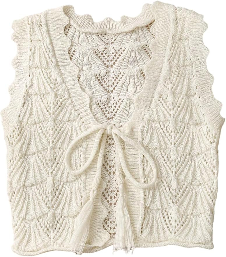 Verdusa Women's Crochet Sweater Vest Vacation Bow Tie Sleeveless Knit Tops | Amazon (US)