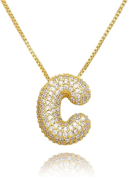 18k Bubble Letter Necklace Gold for Women, Rhinestone Bubble Balloon Initial Necklace for Her, Ch... | Amazon (US)