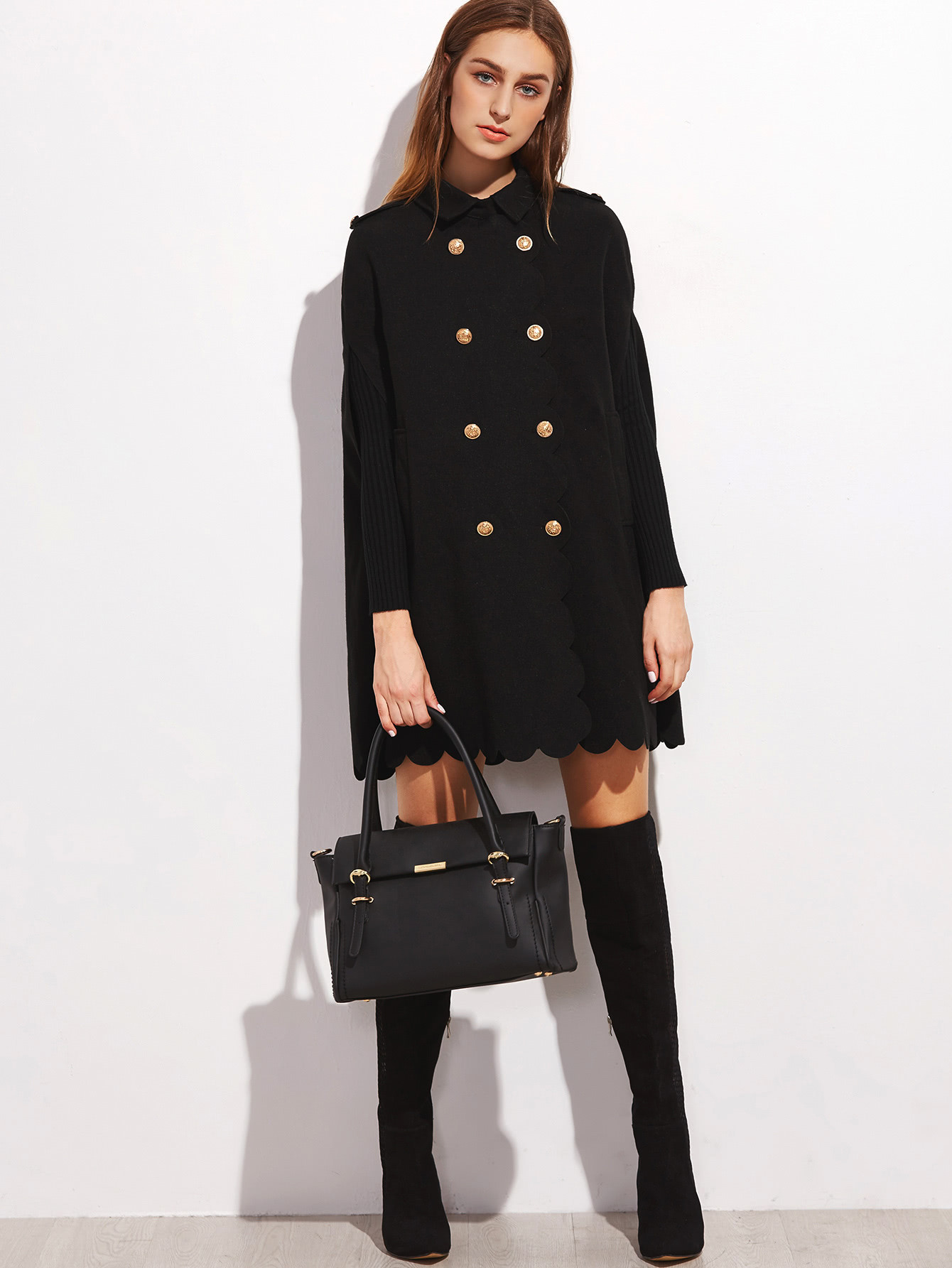 Black Double Breasted Scallop Edge Cape Coat | SHEIN