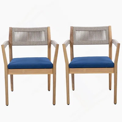 Braided Acacia Wood Outdoor Dining Table And Chairs – Teak Look With Beige Rope & Navy Cushions, All-Weather Patio Furniture For Garden, Poolside, An | Wayfair North America