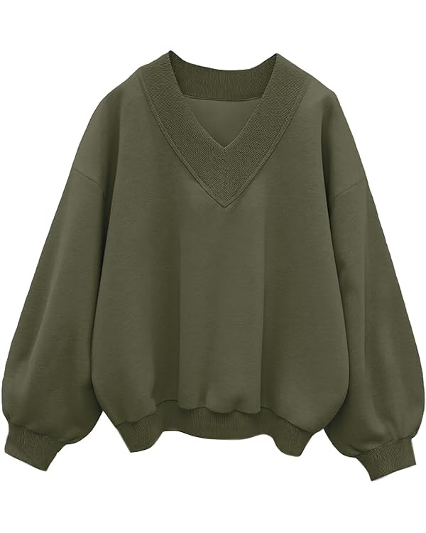 Hilinker Womens V Neck Oversized Sweatshirts Casual Drop Shoulder Long Sleeve Pullover Tops | Amazon (US)