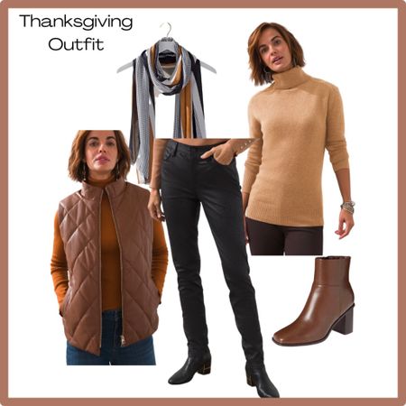 Beautiful autumnal colors in this outfit. Faux leather puffer vest, slim black pants, camel color turtleneck sweater and scarf. Thanksgiving Outfit Ideas 

#LTKHoliday #LTKsalealert #LTKSeasonal