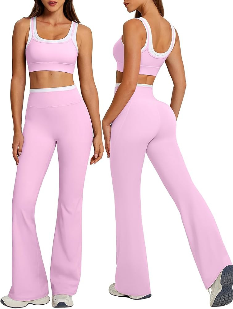 OMKAGI Layered Workout Sets for Women Flare Leggings U Back Pilates Outfits | Amazon (US)