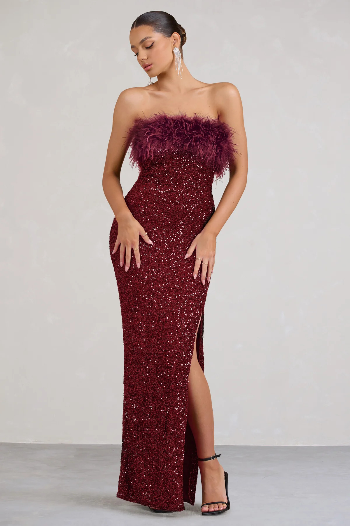 Old Money | Burgundy Bodycon Sequin Maxi Dress With Feather Trim | Club L London