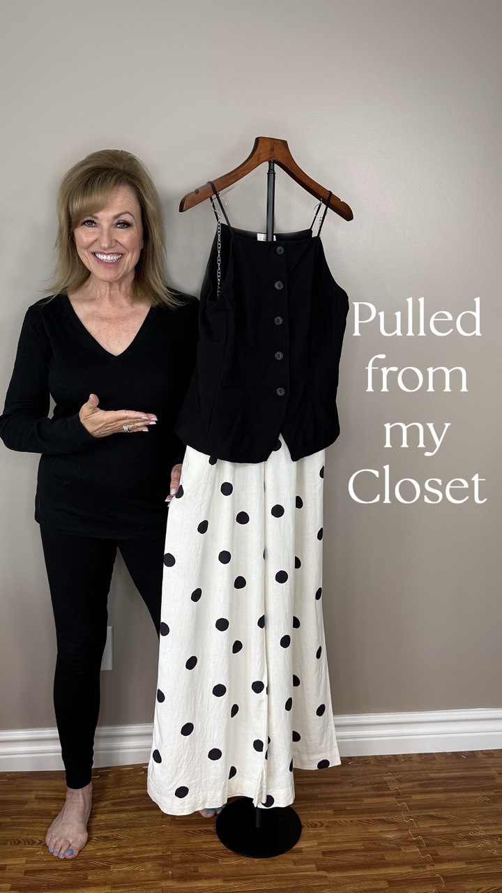 Today's starting point was these bold polka dot pants.

They're definitely a statement piece, but I love pairing them with a simple black top so the pants can do all the talking.

Sometimes the pieces that seem the hardest to wear end up becoming your favorites once you find the right combination.

Since this is from my closet, the exact pieces aren’t available- but I pulled similar pieces so you can recreate the look.

Would you wear this outfit?

#LTKOver40 #LTKootd #LTKSeasonal