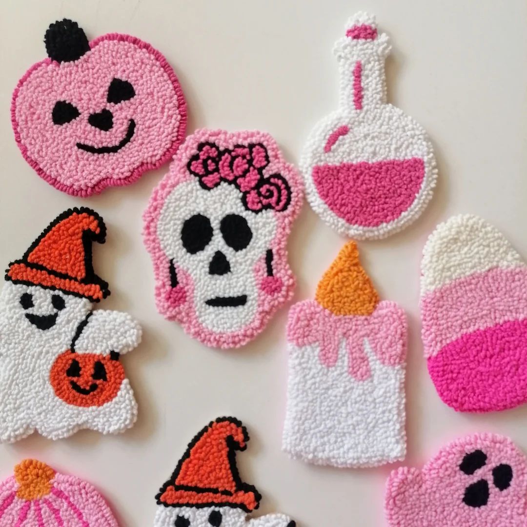 Pink Halloween Decor, Handmade Punch Needle Cute Pink Ghost, Pumpkin, Skull, Witch Hat Coasters, ... | Etsy (US)