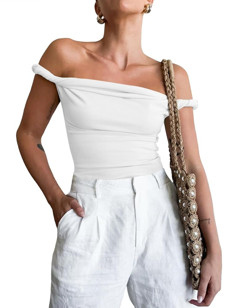 Tankaneo Womens Off The Shoulder Top Sleeveless Slim Fit Stretchy Tank Top Y2k Casual T Shirts | Amazon (US)