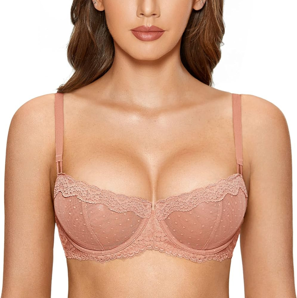 DOBREVA Women's Sexy Lace Bra Underwire Balconette Unlined Demi Sheer Plus Size | Amazon (US)