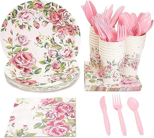 144 Pieces Floral Party Supplies with Paper Plates, Napkins, Cups and Cutlery | Amazon (US)