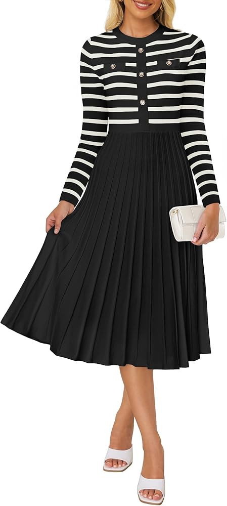 ZESICA Womens Long Sleeve Striped Midi Dresses Crewneck Button Ribbed Knit Pleated A Line Swing S... | Amazon (US)