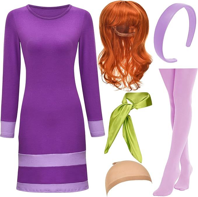 HMPRT Halloween Deluxe Adult Costume for Women,Purple Mini DressWigs,Scarf Headband,Thigh High So... | Amazon (US)