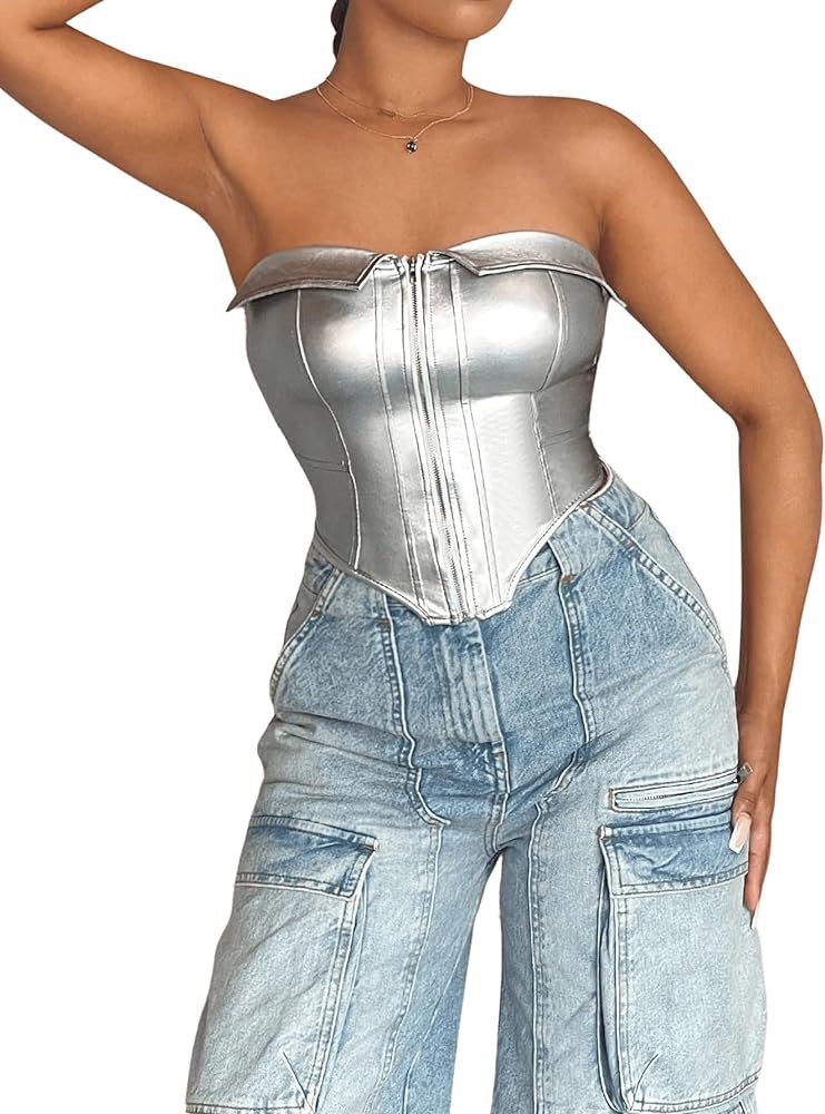 GORGLITTER Women's Metallic Asymmetrical Crop Tube Tops Sleeveless Zipper Front Bandeau | Amazon (US)