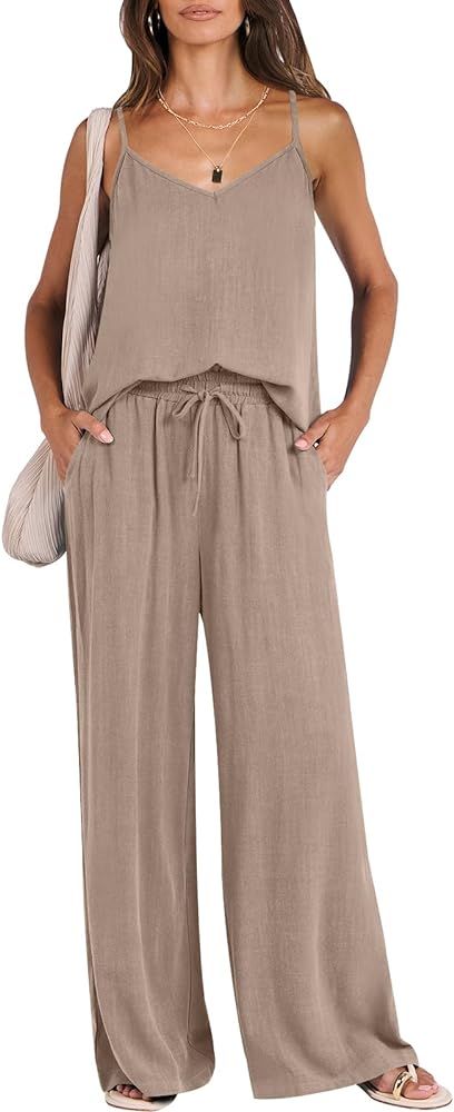 ANRABESS Women's 2 Piece Outfits Linen Sleeveless Tops Drawstring Wide Leg Pants Matching Lounge ... | Amazon (US)