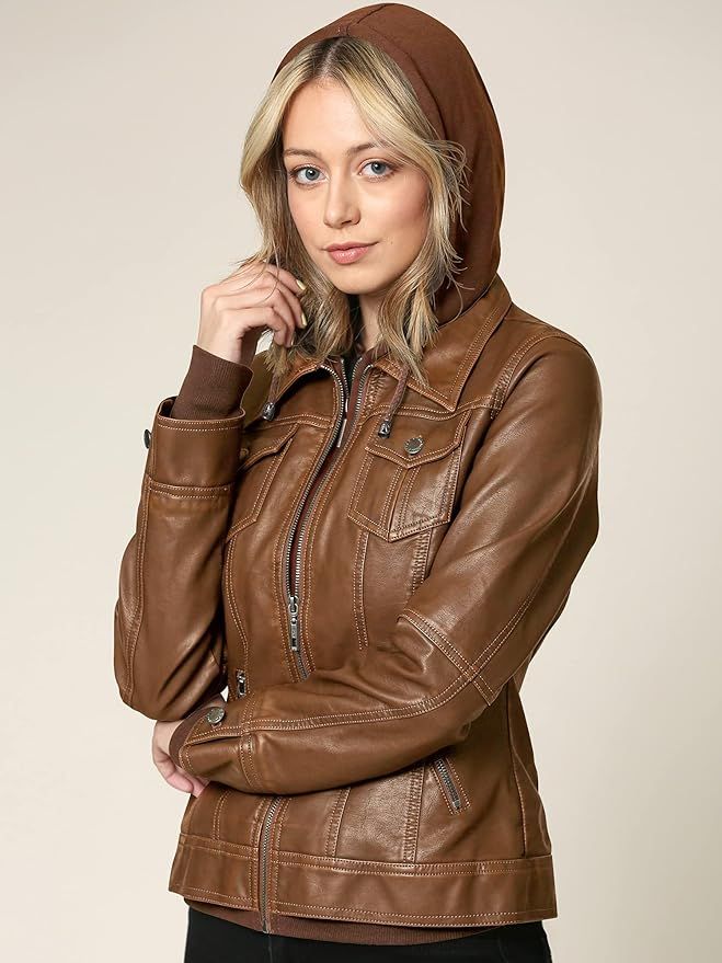 Made By Johnny MBJ Womens Faux Leather Motorcycle Jacket with Hoodie | Amazon (US)