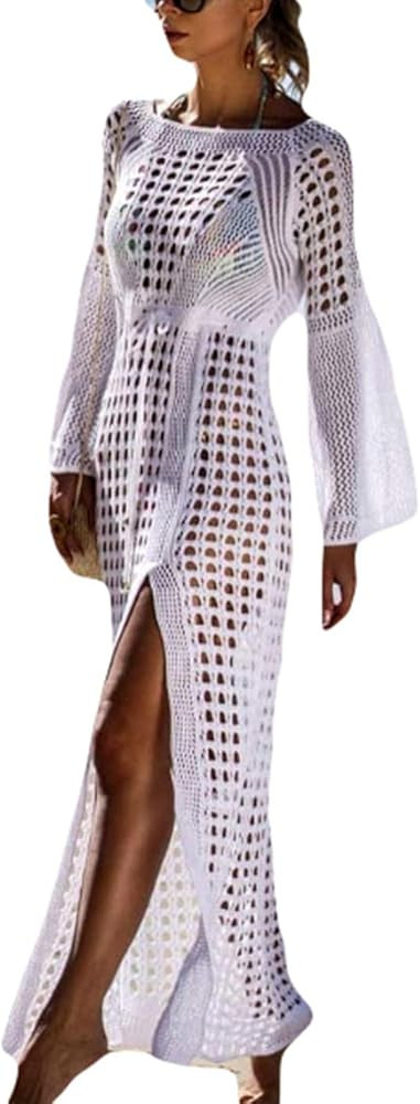AILUNSNIKA Crochet Knitted Beach Cover Up Open Front Kimono Cardigan Sexy Lace Dress | Amazon (US)