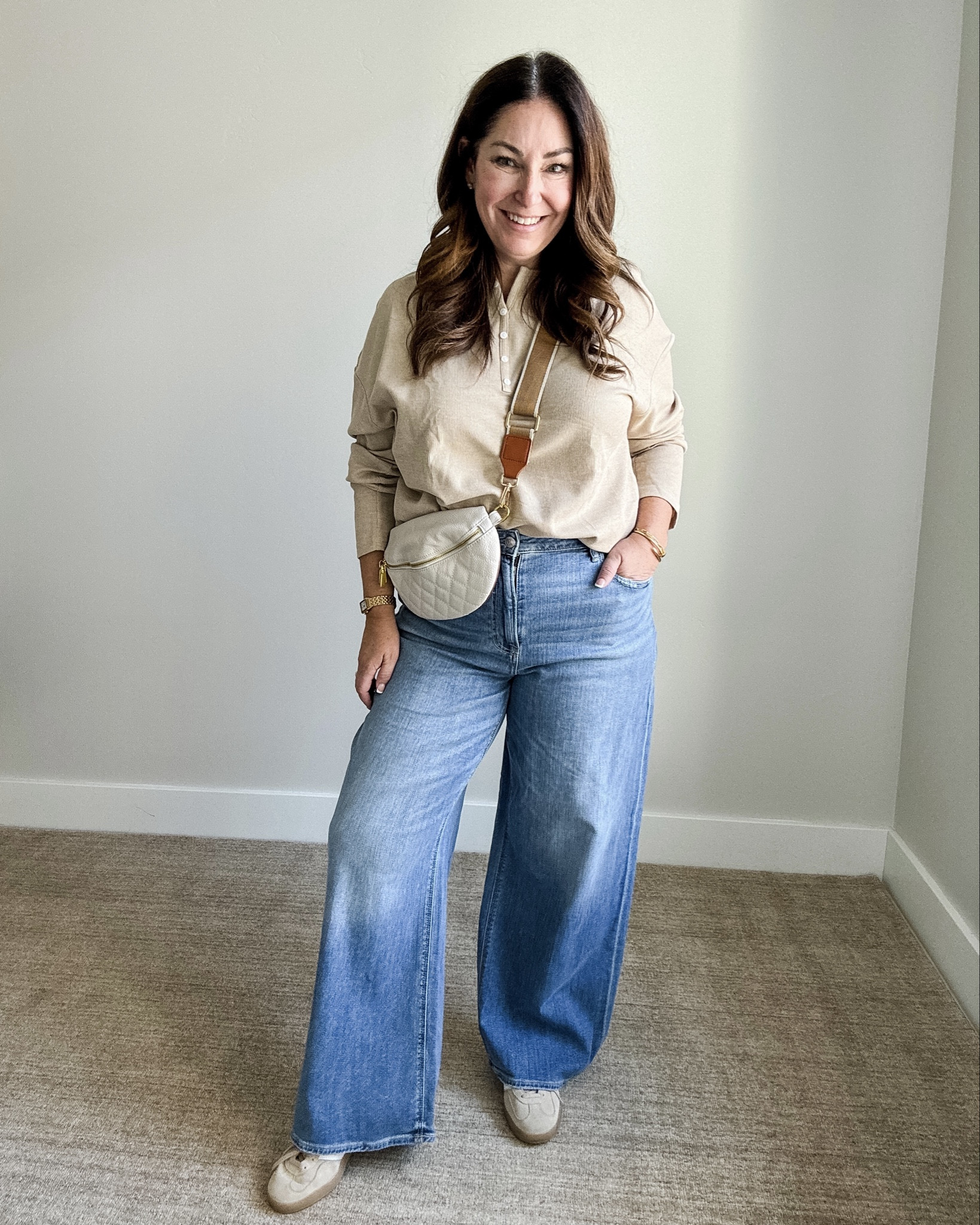 Comfy casual fall outfit waffle Henley and wide leg jeans | Wearing top tts, L and Jeans size down if in between 12R

#LTKOver40 #LTKMidsize #LTKStyleTip