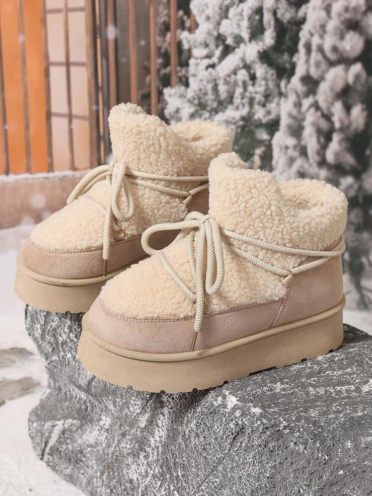 Women's Winter Snow Boots, Thick Sole & Ankle Short Boots, Patchwork Upper Lace Decoration, Warm & Fashionable | SHEIN