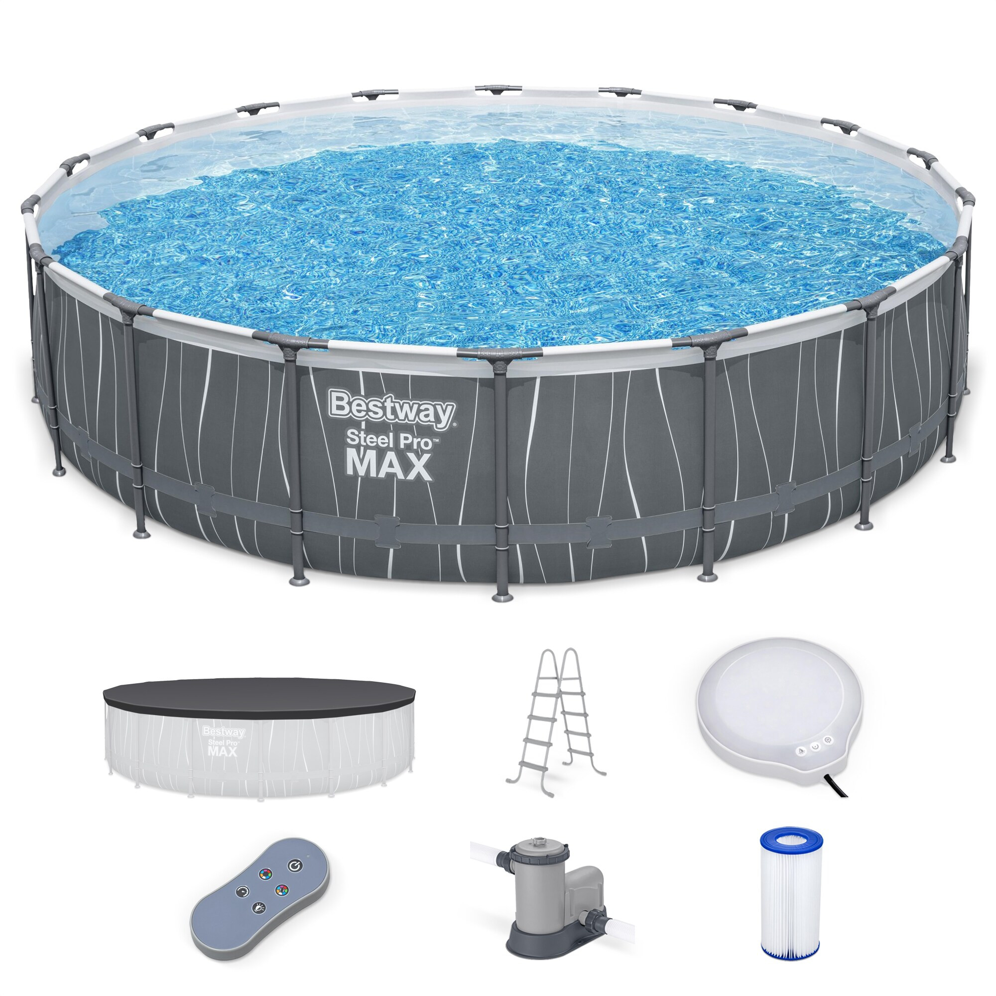Bestway Steel Pro MAX 18 Feet x 48 Inches Round Above Ground Pool Set w/LED Light and Remote one_size | 561GVE-BW | Lowe's