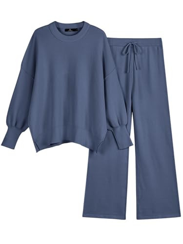 LILLUSORY Lounge Sets For Women 2 Two Piece Outfits 2025 Fall Winter Airport Trendy Matching knit Sweat Suit Sweaters Pants Sweatsuit Loungewear Cute Travel Fashion Clothes Dark Blue XL | Amazon (US)