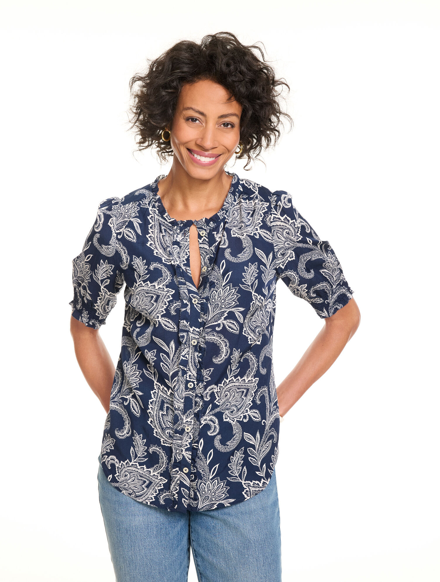 Ruffle Button Front Top - Lacey Jacobean | Talbots