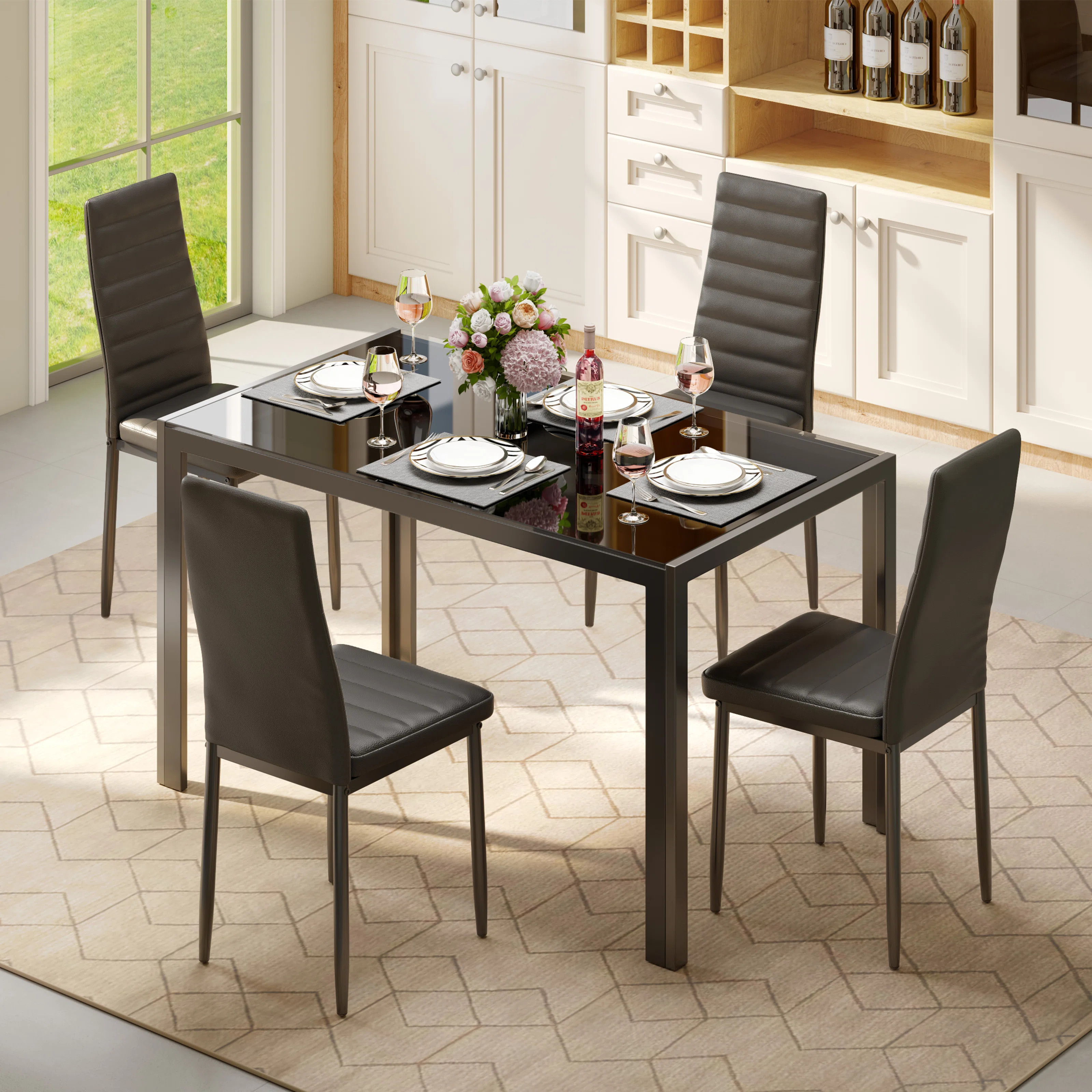 Latoyta Modern 5-Piece Rectangular Glass Top Dining Set with Cushioned Chairs | Wayfair North America