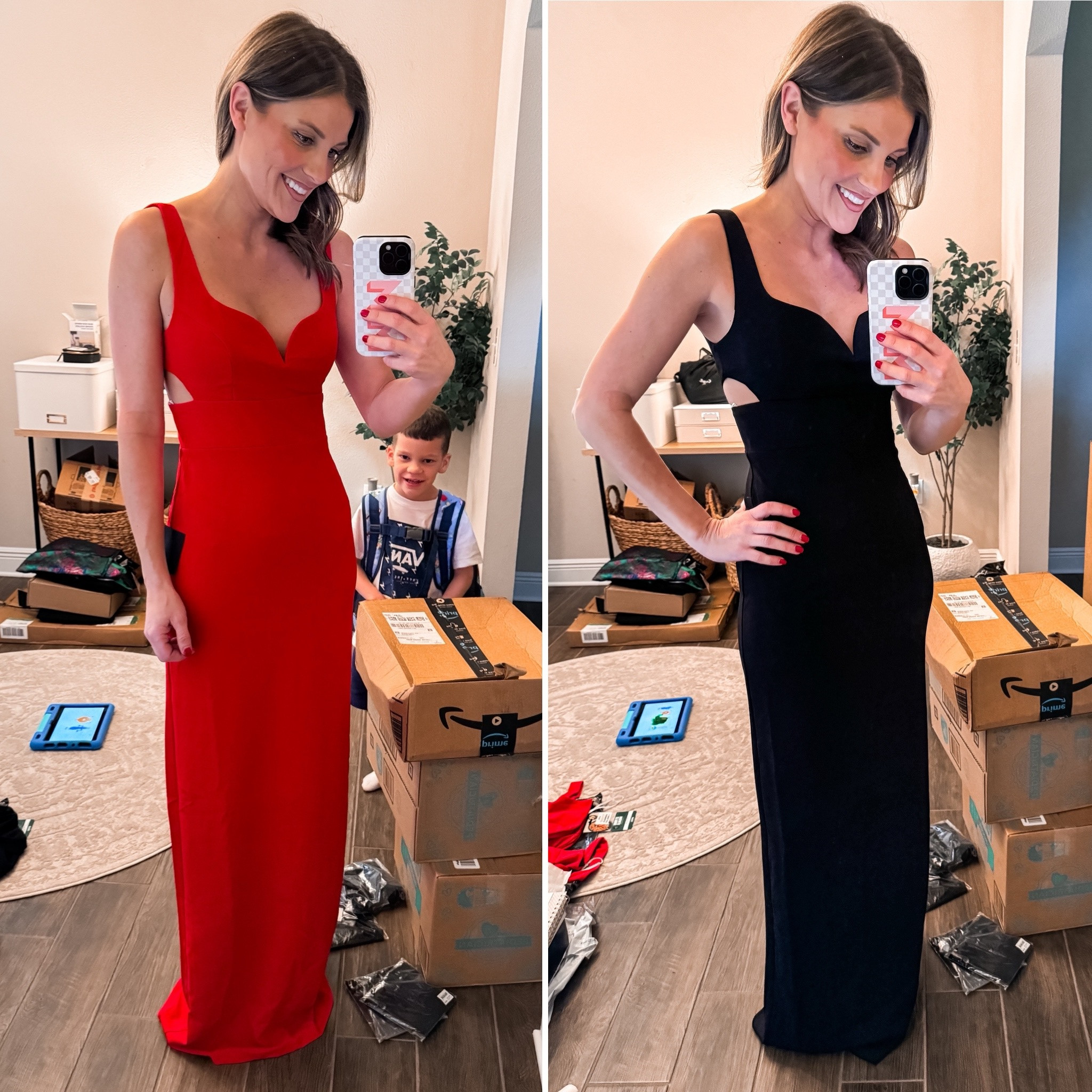 Excuse the mess, but there were so many requests for this dress that I had to share! 🥰 if you are in between sizes, go up
One! I’m wearing a medium in the red and a small in the black. 

#LTKFindsUnder100 #LTKStyleTip #LTKParties