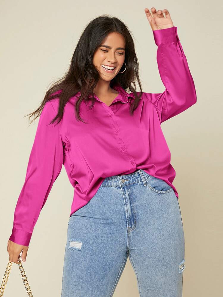SHEIN Plus Solid Button Up Satin Blouse | SHEIN