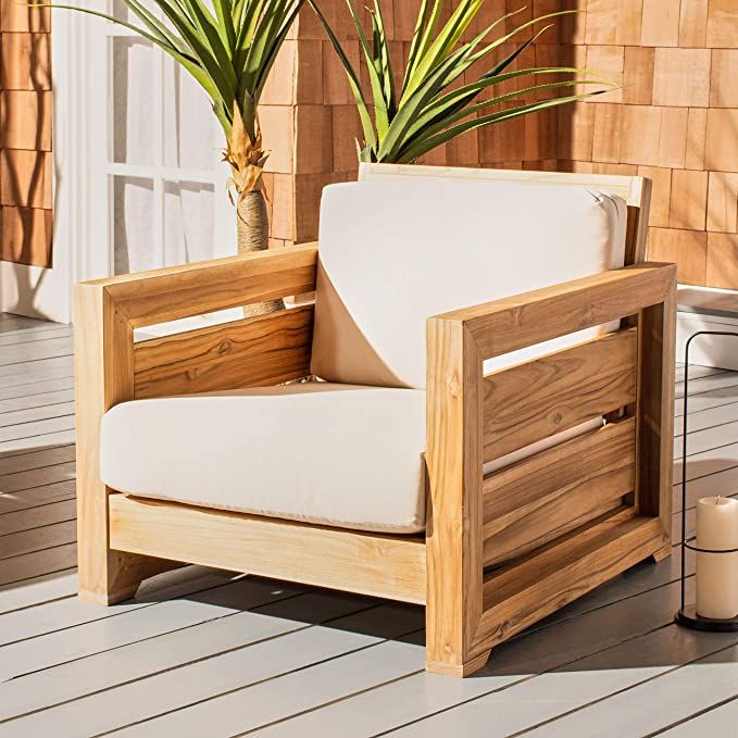 Safavieh CPT1007A Couture Guadeloupe Brazilian Teak Outdoor Patio Club Chair, Natural/White | Amazon (US)