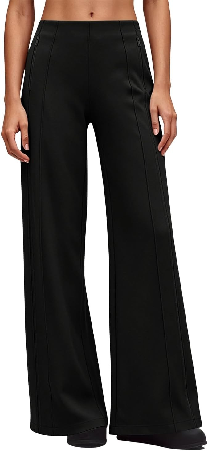 QINSEN Women's Wide Leg Yoga Pants High Waisted Zipper Pockets Stretchy Palazzo Pants with Drawstring Hem | Amazon (US)