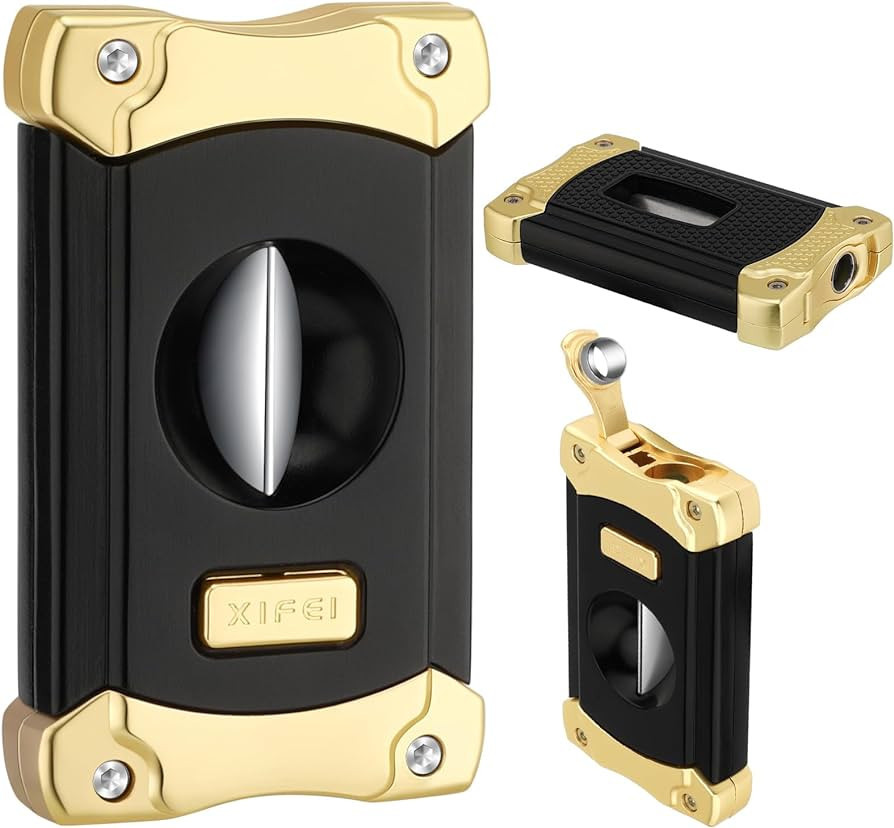XIFEI Cigar Cutter, Stainless Steel V-Cut Cigar Cutter Built-in Cigar Puncher (Black Gold) | Amazon (US)