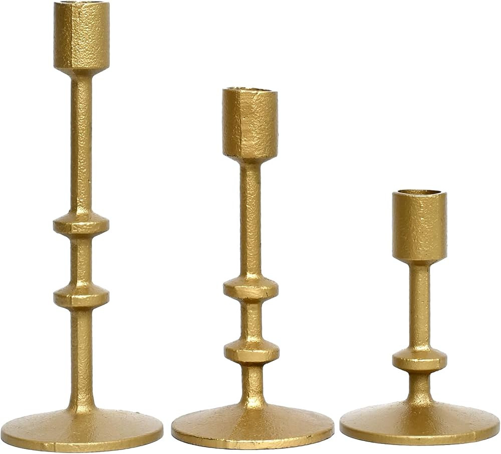 Antique Brass Gold Iron Taper Candle Holder Set of 3 for Vintage Candlestick Holders | Amazon (US)