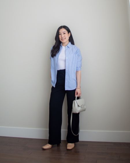 Love a good button up shirt worn unbuttoned 💙 wearing Everlane shirt size 2, A&F baby tee size S, Aritzia effortless pant size 2. Unavailable to link boots from L’intervalle.

#LTKstyletip #LTKSeasonal