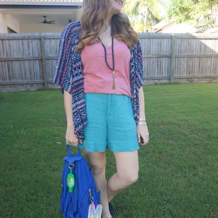 Blue and pink shorts and tee 💙💕 matching the colours in the print of this chevron cover up with the pink tee and turquoise linen shorts. Added my Rebecca Minkoff Julian nylon backpack for a day out at  another theme park.

#LTKitbag #LTKaustralia