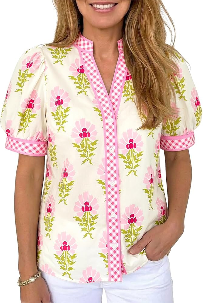 Tankaneo Womens Puff Sleeve Button Down Shirts Floral Summer Casual V Neck Boho Tops Color Block ... | Amazon (US)