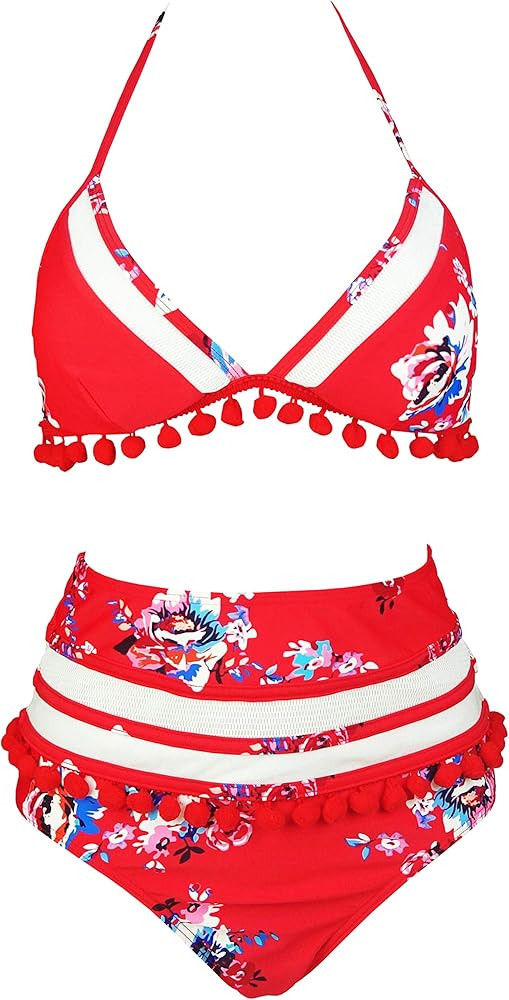 COCOSHIP Women's Mesh Striped High Waist Bikini Set Tassel Trim Top Halter Straps Swimsuit(FBA) | Amazon (US)