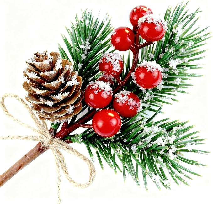 Puluole 10 Pcs Red Berries Pine Cones for Crafts - Evergreen Artificial Pine Branches Holly Stem,... | Amazon (US)