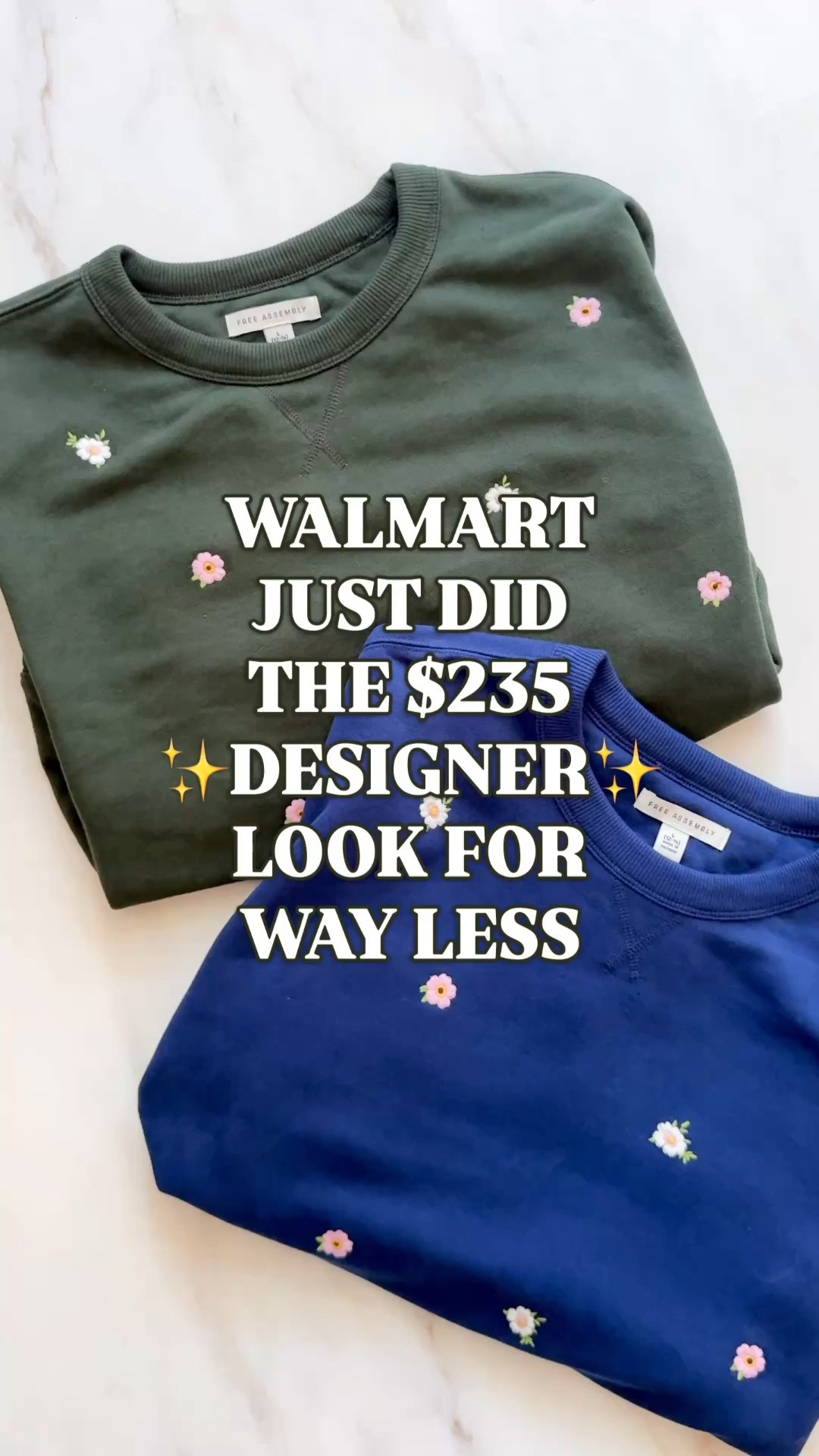 THE GREAT. look for less | Walmart embroidered sweatshirt | Free Assembly fall | $235 designer look

Walmart just did the recognizable look of THE GREAT. $235 College Sweatshirt with Embroidered Roses for way less. Free Assembly took the collegiate crewneck silhouette and scattered tiny embroidered flowers across the body and sleeves, creating that feminine Americana mix of vintage athletic wear and botanical detail.

Woodland green is the closest visual connection through its dark base and miniature pink and white florals. Cobalt blue carries the same designer formula into a brighter preppy color story. THE GREAT. uses rosebuds, while Free Assembly uses mixed flowers, so the connection is in the scale, spacing, placement and relaxed crewneck silhouette.

The pullover has drop shoulder sleeves, ribbed trim and soft sueded terry with a velvety outside and loops inside. It is 70% cotton, 30% polyester and machine washable.

Matching embroidered sweatpants are sold separately, so wear it with denim, a pleated skirt or create the full fall set. This works for early fall outfits, school pickup, travel days and football weekends.

Walmart fall fashion, Walmart new arrivals, Free Assembly sweatshirt, women’s embroidered sweatshirt, floral embroidered sweatshirt, embroidered crewneck, green floral sweatshirt, blue floral sweatshirt, sueded terry sweatshirt, designer sweatshirt look for less, fall outfits women, preppy fall outfits, East Coast fall outfits, matching sweatshirt and sweatpants set, embroidered sweat set, travel outfit women

#LTKFindsUnder50 #PreppyStyle #LookForLess #WalmartFinds #WalmartStyle #FreeAssembly #FeminineStyle #GoingViral

#LTKActive #LTKSeasonal #LTKTravel
