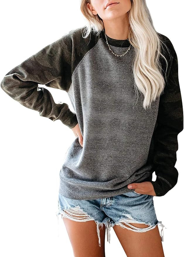 Sidefeel Women Long Sleeve Crewneck Pullover Camo Print Sweatshirt Jumper Top | Amazon (US)