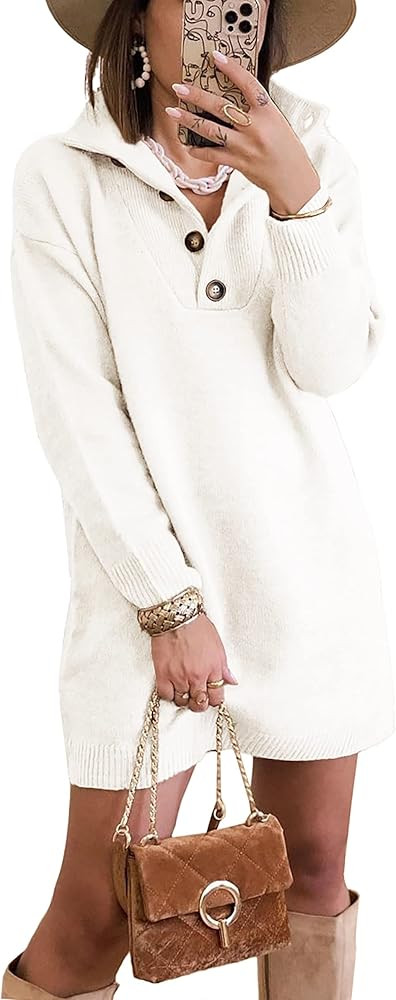 KIRUNDO 2022 Fall Winter Women's Long Sleeve Turtleneck Sweater Dress Button Down Solid Lapel Kni... | Amazon (US)