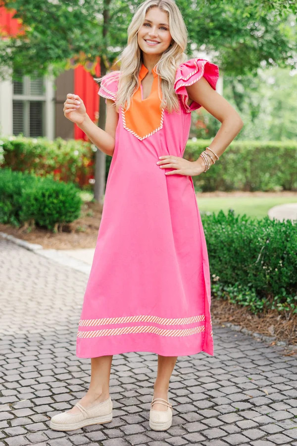 Call It Lovely Pink And Orange Midi Dress | The Mint Julep Boutique