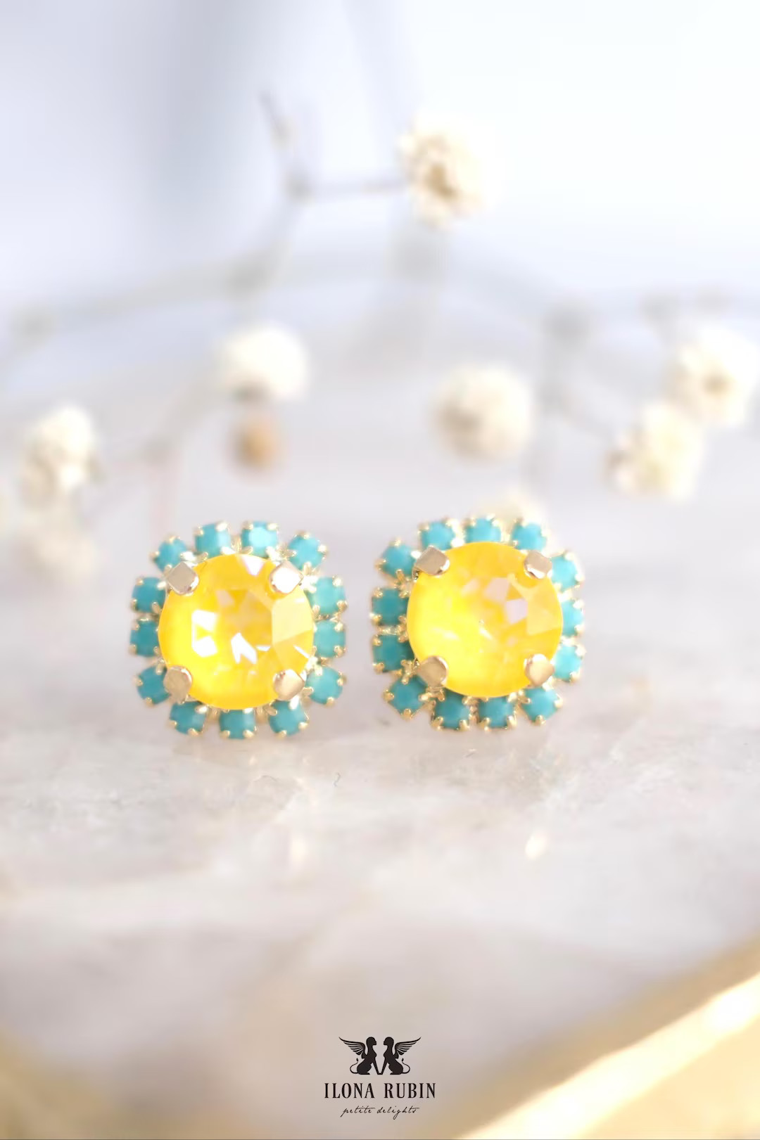 Yellow Neon Crystal Earrings, Electric Lemon Yellow Stud Earrings, Yellow Blue Earrings Bridesmai... | Etsy (US)