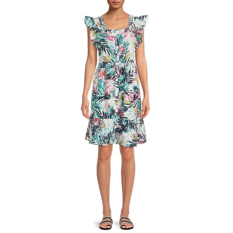 Beachlunchlounge Women's Button Front Knee Length Dress with Flutter Sleeves - Walmart.com | Walmart (US)