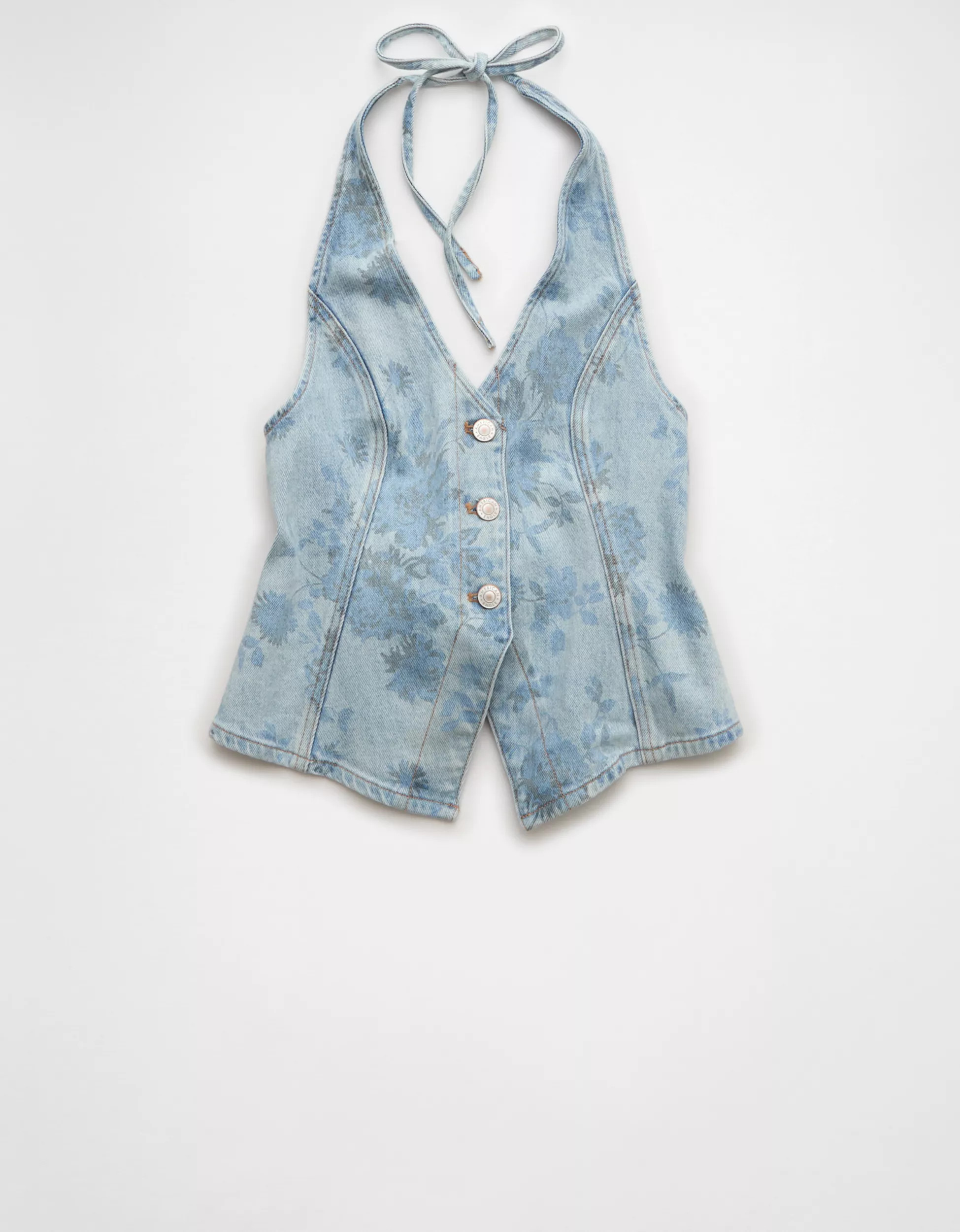 AE Floral Print Denim Tie-Back Vest | American Eagle Outfitters (US & CA)