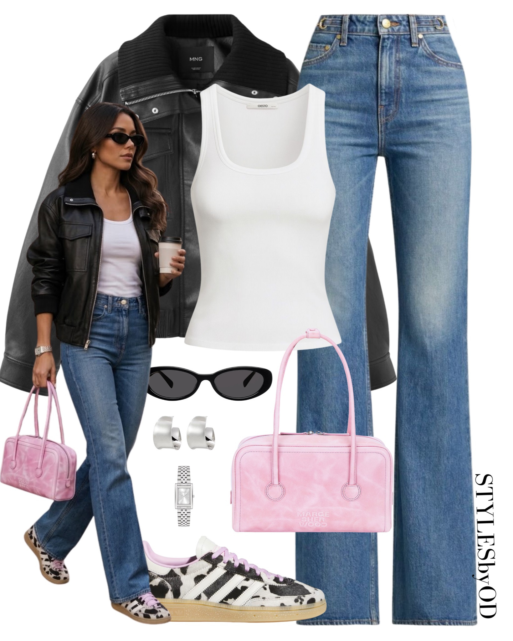 High Street Style Staples & A Pop of Pink 🌸🖤 

How to elevate a classic black leather jacket and denim look: layer a crisp essential white tank top under a structured faux-leather bomber, paired with flattering straight leg jeans. Elevating the neutral base with statement animal-print adidas samba sneakers, pastel pink shoulder bag and simple silver jewelry✨

Everything is tagged below—tap the links to shop exact items and budget-friendly lookalikes!#LTKfall #LTKeveryday #LTKseasonal

#LTKstyletip #LTKFashionMonth #LTKautumn #LTKjeans