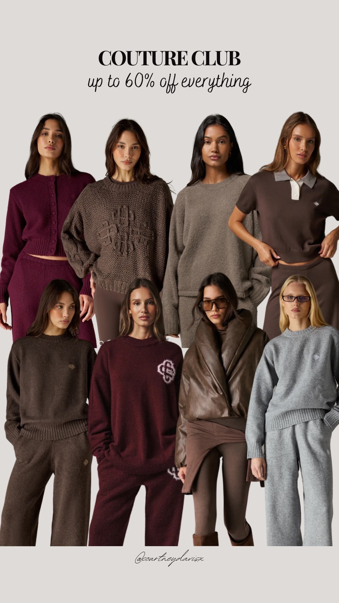 Couture Club - up to 60% off everything! 

Couture Club, knit tracksuit, knitwear, leather jacket, brown tracksuit, grey tracksuit, burgundy tracksuit, loungewear, cyber week, Black Friday sale

#LTKuk #LTKwinter #LTKCyberWeek