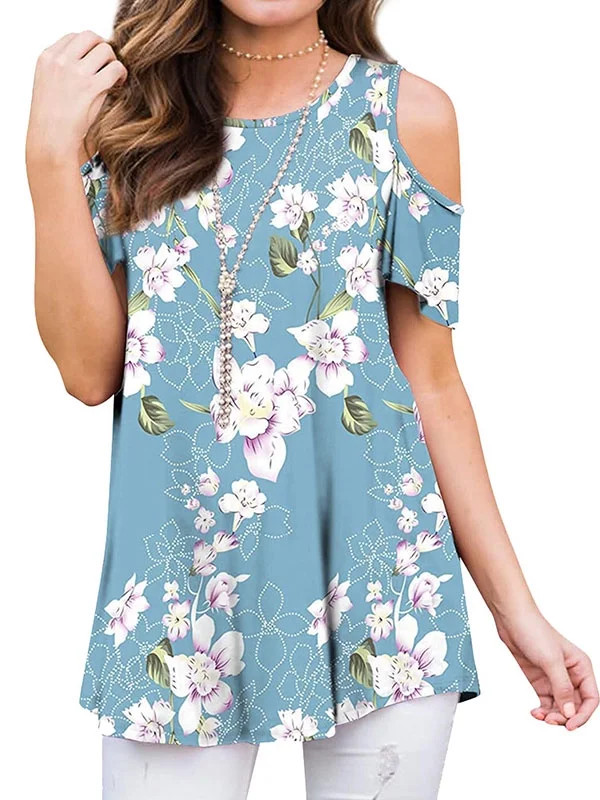 Women Floral Print Round Neck Cold Shoulder Tunic Blouse | Walmart (US)