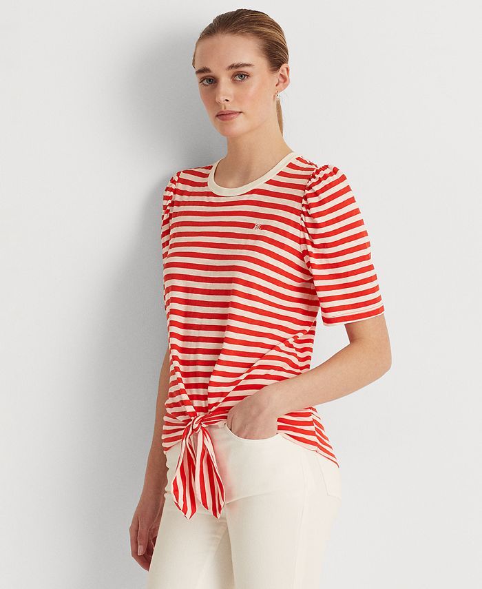 Lauren Ralph Lauren Striped Tie-Front Jersey T-Shirt  & Reviews - Tops - Women - Macy's | Macys (US)