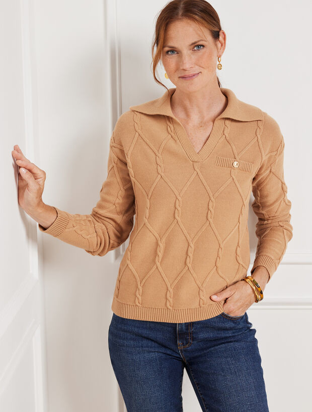 Lattice Cable Johnny Collar Sweater | Talbots