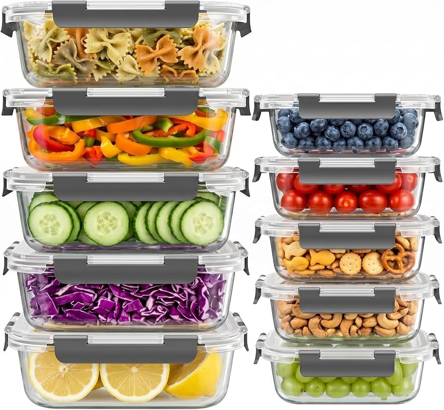 Dealusy 10 Sets 36 oz & 12 oz Glass Food Storage Containers with lids, Gray | Amazon (US)